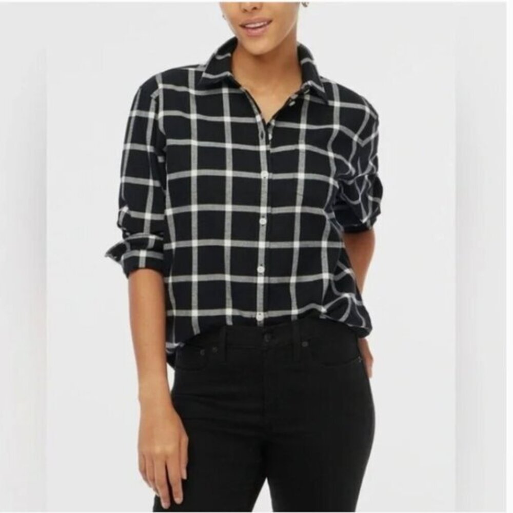 J. Crew Top Flannel Shirt Button Down Long Sleeve Cotton Black White M